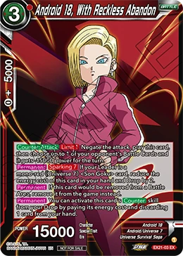Android 18, With Reckless Abandon EX21-03 Dragon Ball Masters card, Promo